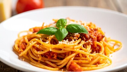 Delicious spaghetti served on a white plate, garnished with a sprig of basil and a sprinkle of Parmesan cheese, a vibrant tomato in the background