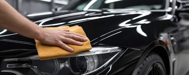 Car Detailing with a Microfiber Cloth on a Black Vehicle in a Modern Garage Setting