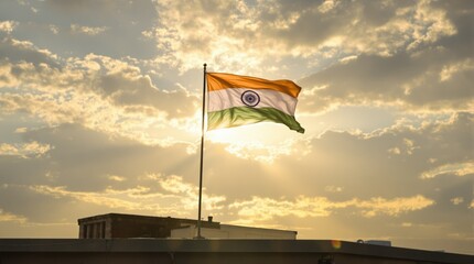Indian national flag waving against sunset sky