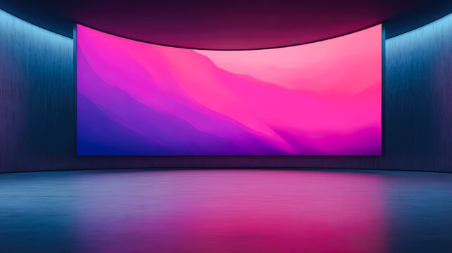 Authentic concave LED display for a wall or platform. Large TV display depicted colorful in dark room, Large projection screens. 