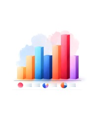 Colorful 3D bar chart with five bars, accompanied by three pie charts below, representing data visualization on a light background.