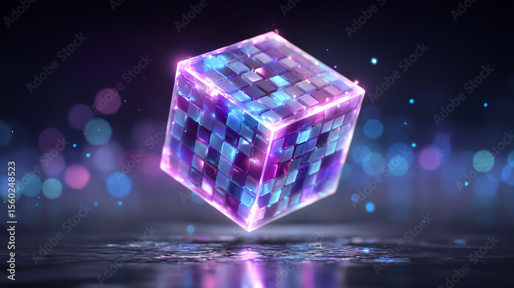 Poster digital cube rotates in space with vibrant glowing edges. soft abstract tech background creates a fu