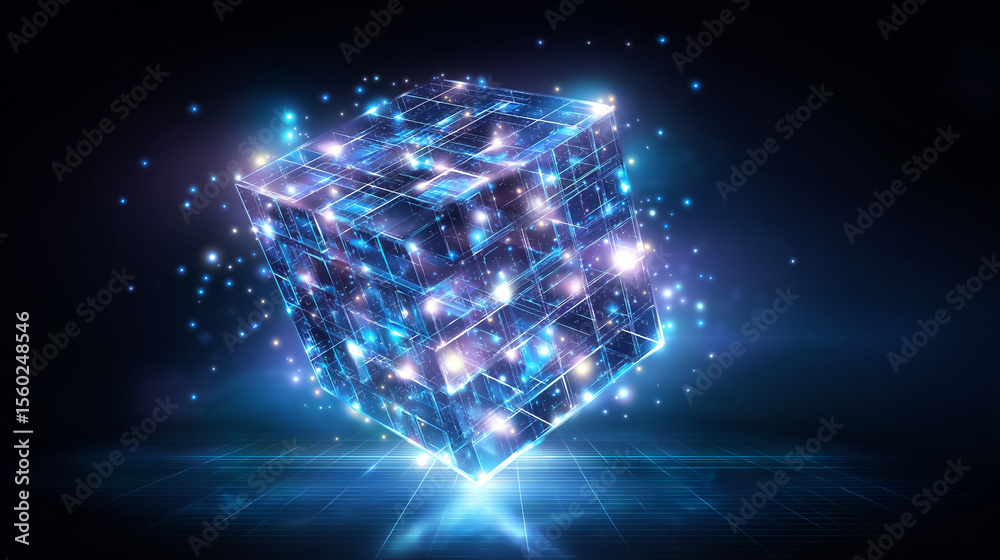 Aufkleber floating digital cube rotates in space with glowing edges. soft abstract tech background creates a c