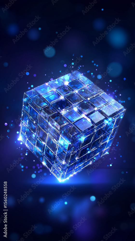 Poster digital cube rotates in space with glowing edges and soft abstract tech background. clean grid shado