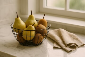 fruit basket containing ripe pears and kiwis