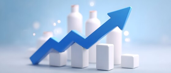 Fototapeta premium A blue arrow rises sharply over white bar graphs symbolizing growth, progress, and business success on a light blue background.