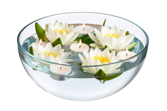 Glass Bowl with Floating Lily Flowers and Candles, Spa Concept, isolated on a transparent background