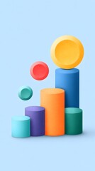 Colorful 3D cylinders and spheres arranged on a light blue background, creating a playful and modern abstract composition.