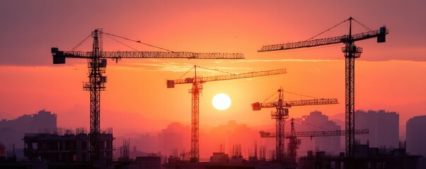 Silhouettes of Construction Cranes Against a Vibrant Sunset Sky in an Urban Landscape with a Blazing Sun on the Horizon