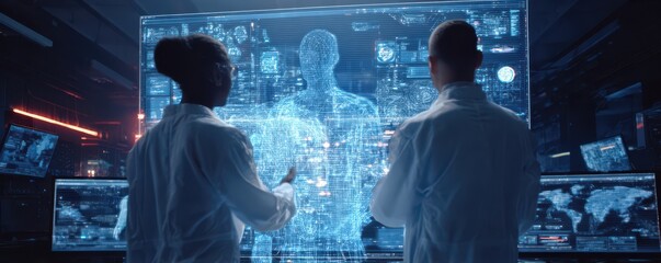 Scientists Analyzing Holographic Data Visualization in Futuristic Laboratory Environment with Advanced Technology and Display Screens