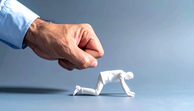 Hand about to crush small businessman figure