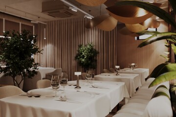 Stylish restaurant interior with natural textures and ambient lighting, High-end restaurant space featuring modern upholstered chairs