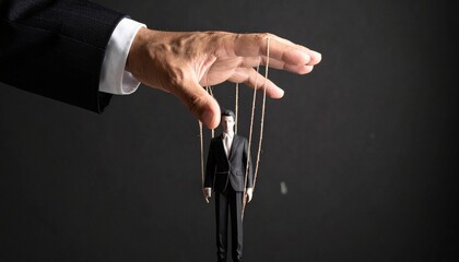 A hand manipulating a puppet dressed in a business suit, symbolizing control and manipulation in the corporate world.