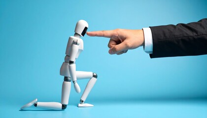 A figure of an robot doll being touched by a finger. The contrast between the robot and the human hand presents an eye-catching visual