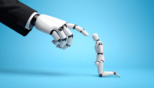 A robotic hand pointing at a miniature figure symbolizing control and power dynamics in the digital age