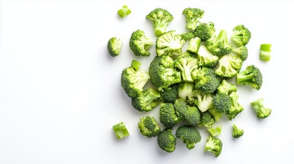 bits of broccoli little cubes placed into a round shape on a white background