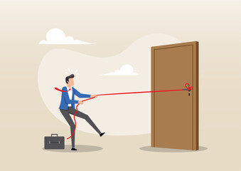 A businessman pulling on a long red rope to a close door