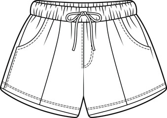 CAD drawing flat vector illustration women’s elastic waist shorts technical front view fashion design with pocket stitch detail sketch