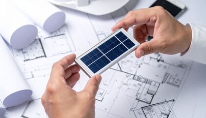 An engineer holding a solar panel, surrounded by blueprints and design plans