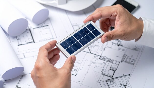 An engineer holding a solar panel, surrounded by blueprints and design plans