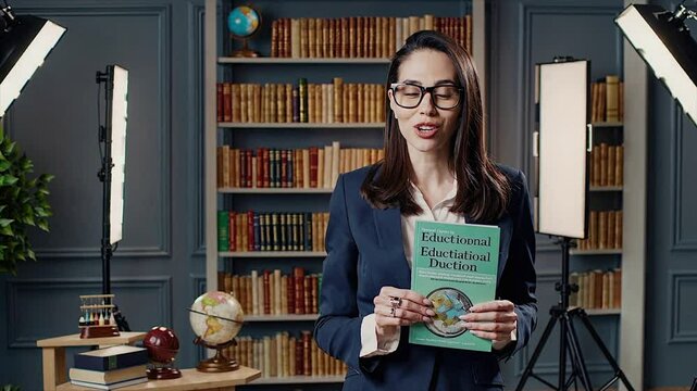 Seamless Loop video of Confident female orator delivering talk seated before stacked book shelves,Generative AI