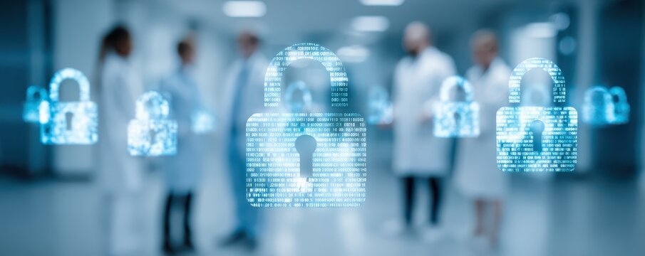 Medical professionals collaborating in a secure environment, focusing on data protection and privacy with digital security icons in a modern healthcare setting