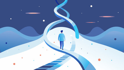 Man walking along a DNA-shaped path symbolizing genetic journey and future exploration
