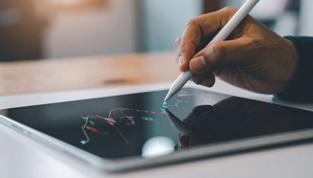A person analyzing stock market data on a tablet with a stylus, representing financial analysis and modern technology.