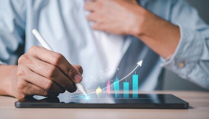 A person using a stylus to interact with a tablet, with a rising bar graph graphic superimposed.