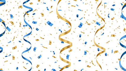 Gold and blue confetti and streamers falling for a festive event isolated on transparent background