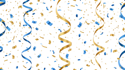 Gold and blue confetti and streamers falling for a festive event isolated on transparent background