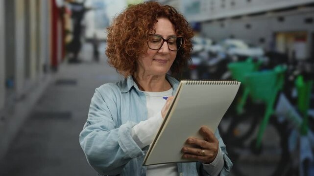 Woman writing on notebook in city street outdoor middle age brunette hispanic focused casual urban daytime scene pen glasses