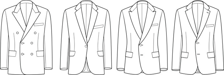 Men’s blazer fashion CAD flat sketch top view vector template for technical drawing, apparel design, menswear and stock illustration