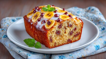 Delicious banana bread loaf with raisins, warm and moist texture, rustic homemade bakery style, cozy comfort dessert or breakfast, detailed baked presentation.
