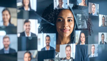 A woman in the center of a grid of smiling faces, showcasing a virtual meeting or online community