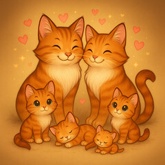 Kawaii Tabby Cat Family Illustration - Cozy Mother Cats & Playful Kittens Digital Artwork for Printables