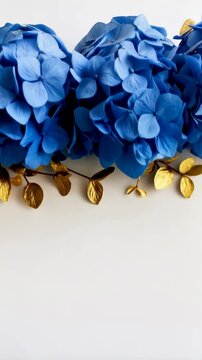 Floral flat lay of blue hydrangea flowers and golden eucalyptus leaves on a white background forming top and bottom borders with blank space.
