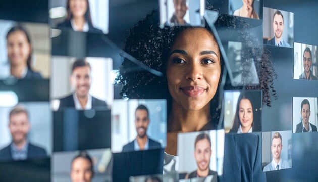 A woman in the center of a grid of smiling faces, showcasing a virtual meeting or online community