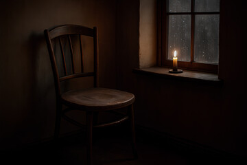 A lonely chair beside a rain-drenched window, illuminated by a solitary candle. The quiet sadness of the scene, combined with the rain and the flickering candle, symbolizes loss and the sorrow of wait