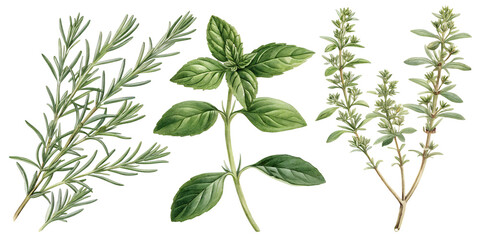 An illustration of rosemary, basil, and thyme herbs, isolated on transparent background