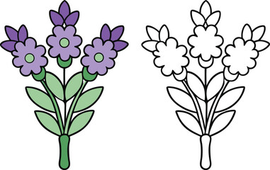 Colorful Floral Vector Illustration of Flowers with Purple Petals and Green Leaves