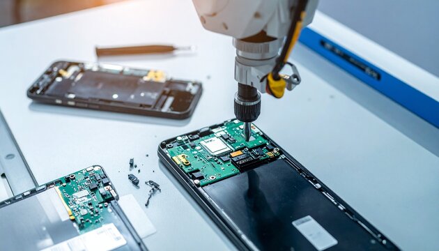 Robot Arm Assembling Smartphone. The arm precisely assembles a smartphone on a clean table