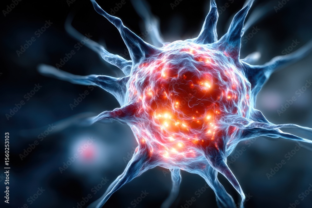 Poster microscopic view of a neuron showing intricate structure and activity in a dark background