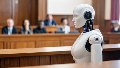 A courtroom scene with a robot observing