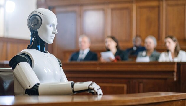 A robot sits at the defense table in a courtroom, with people in the background