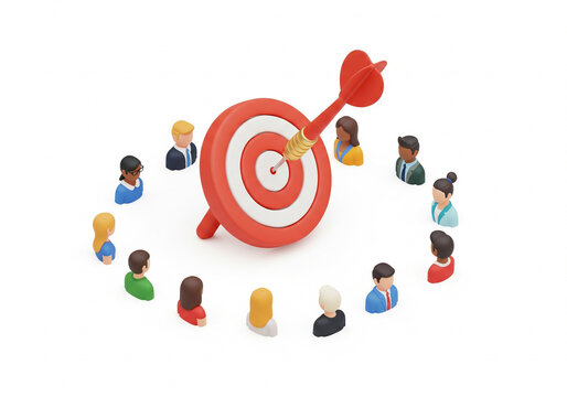 3d icon of dart hitting target with human avatar around it, finding target audience concept, modern isometric clay render, white background.