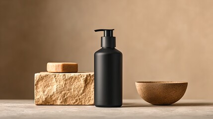 Elegant Black Lotion Bottle with Natural Decor Elements