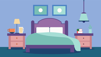 A simplified and clutterfree bedroom with soft bedding and calming colors promoting a peaceful and restful environment for an elderly person with dementia to get a good nights. Vector illustration