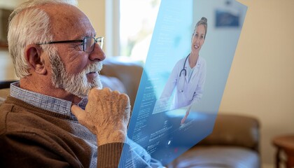 An elderly man is receiving a telemedicine consultation with doctor. The scene conveys a sense of technological advancement and healthcare