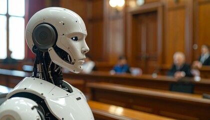 Fototapeta premium A humanoid robot in a courtroom, observing a trial. The robot is sleek and white, with a realistic face and body. The courtroom is traditional and wood-paneled.
